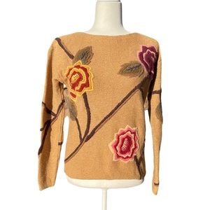 Vintage Coldwater Creek Floral Appliqué Tan Knitted Crewneck Sweater
